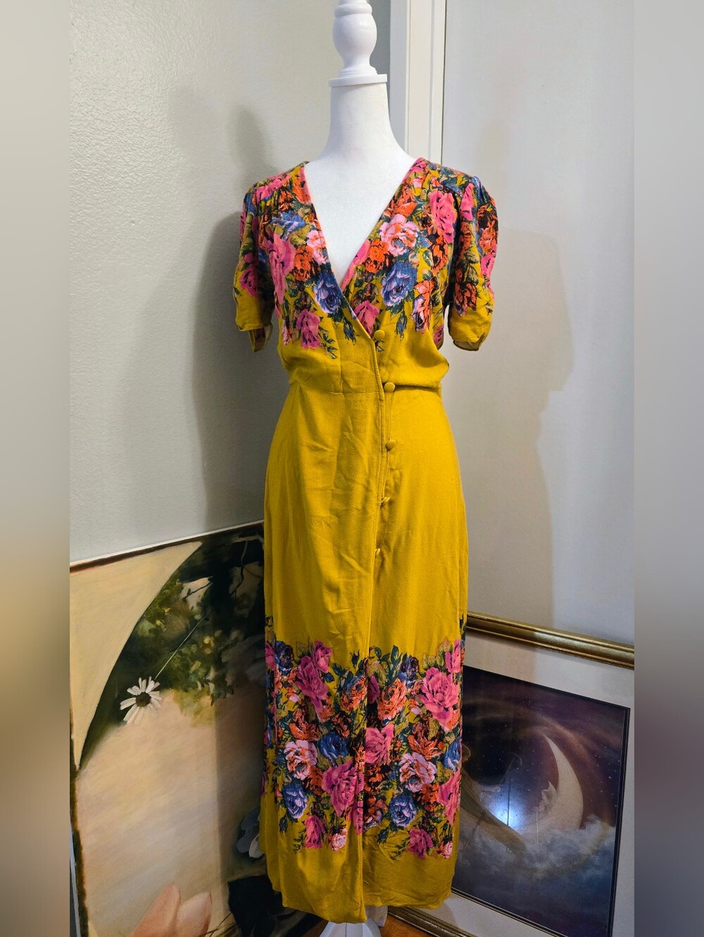 Free People Yellow Floral Midi Dress Size Small Boho V-Neck Button Front Rayon - Picture 3 of 10